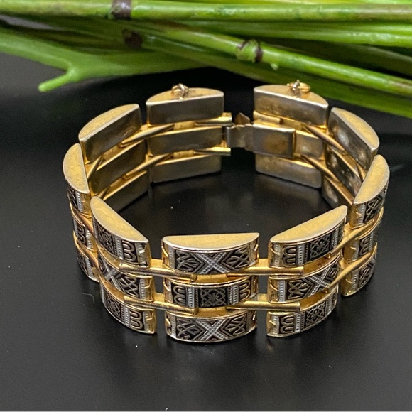 Vintage Gold-tone Damascene Art Deco 3-Row Hinged Bracelet 49g. - Picture 1 of 16